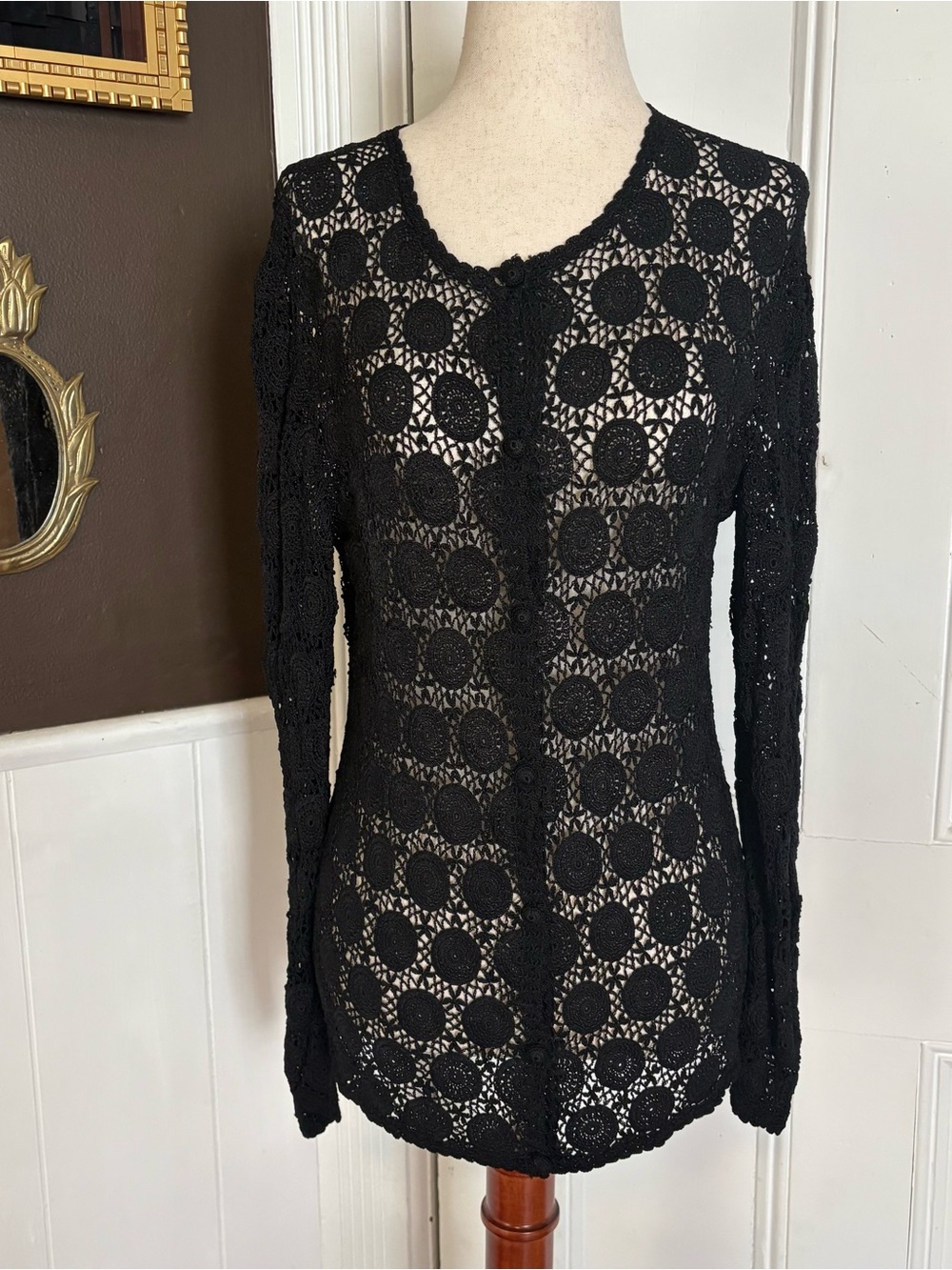 Black Crochet Lace Cardigan Sweater Sheer Open Knit Floral Medallion Size Medium